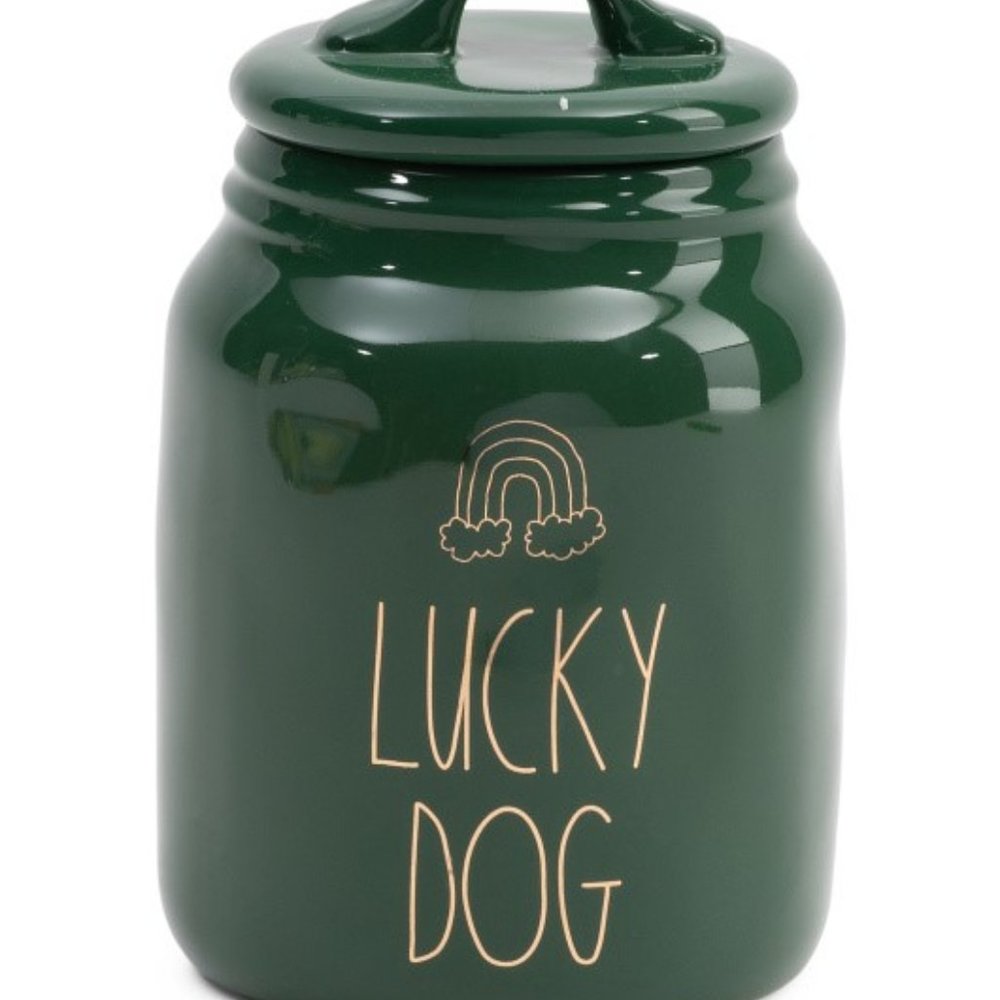 Rae Dunn Lucky Dog Canister, 7" High x 4" diameter, Green with Gold Metallic